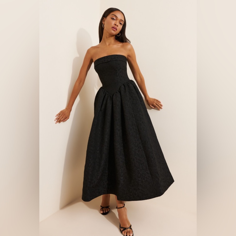 BHLDN Strapless Black Jacquard Midi Dress